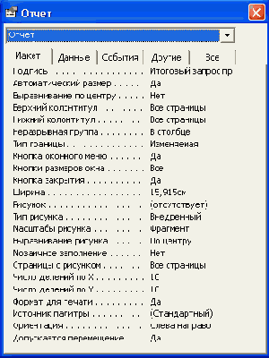 Окно свойств отчета