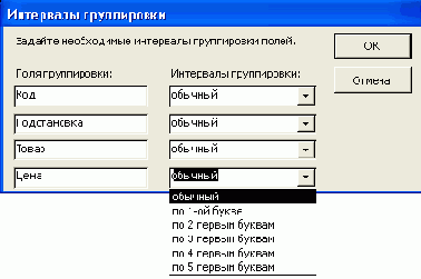 Диалоговое окно Интервалы группировки
